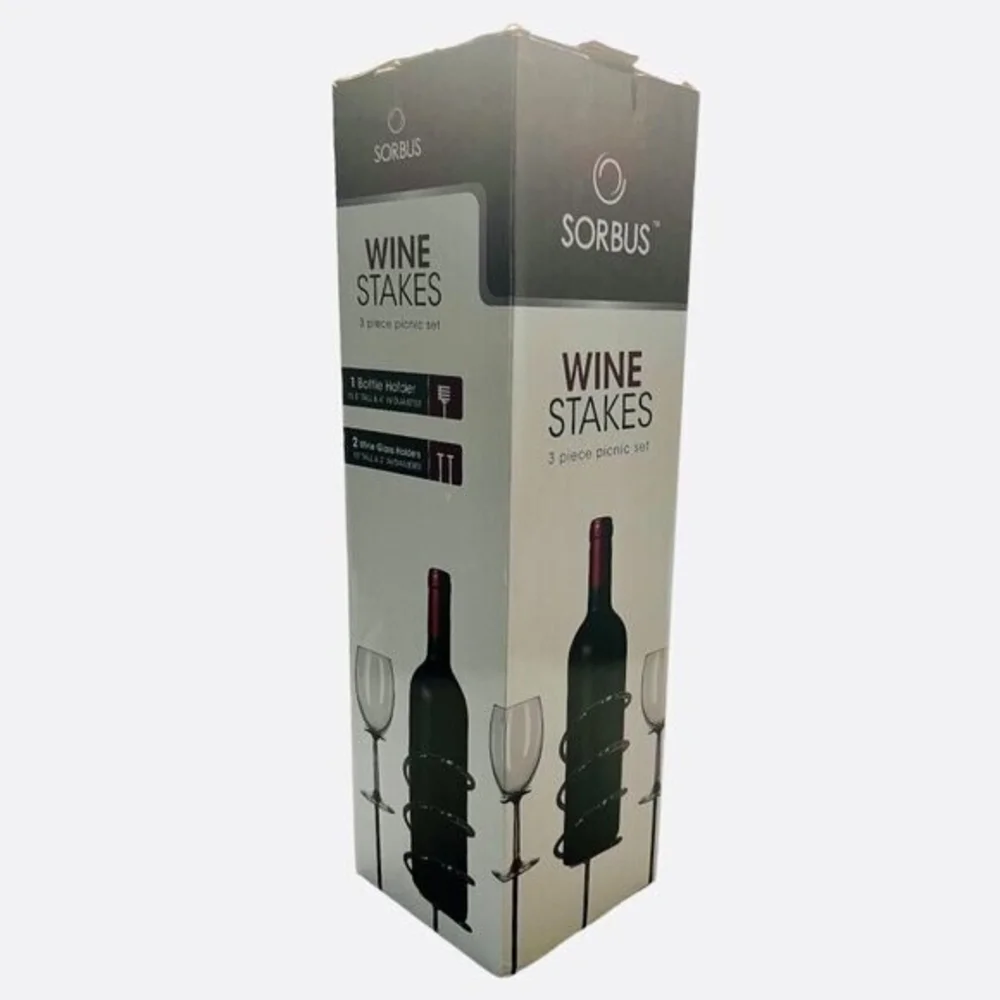 SORBUS 3-Piece Wine Stakes Picnic Set Glass & Bottle Holders Outdoor Metal NIB